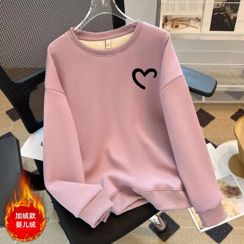 Load image into Gallery viewer, Women Fashion Solid O Neck Plush Heart Velvet Sweatshirt Autumn Winter Long Sleeve Comfort Casual Pullover Top Loose Popular New
