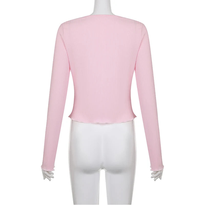 Cutecore Pink Square Neck Female Tee Bow Coquette Clothes Lace Spliced Autumn T-shirts Front Tie-Up Korean Slim Tops