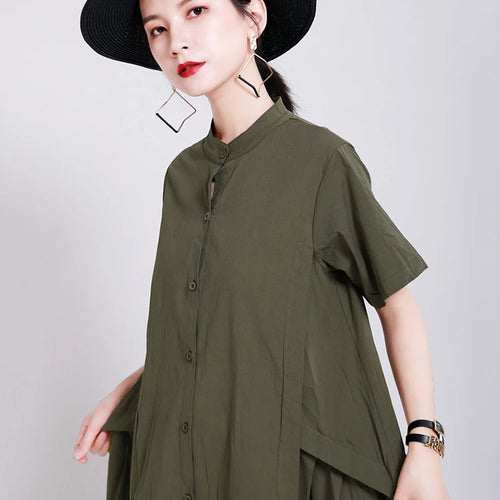 Load image into Gallery viewer, Women Army Green Pleated Elegant Long Shirt Dress New Stand Collar Short Sleeve Fashion Tide Spring Summer 2025 1DE8985
