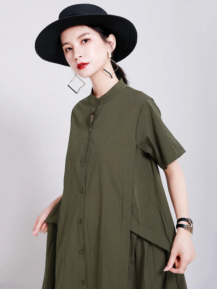 Women Army Green Pleated Elegant Long Shirt Dress New Stand Collar Short Sleeve Fashion Tide Spring Summer 2025 1DE8985