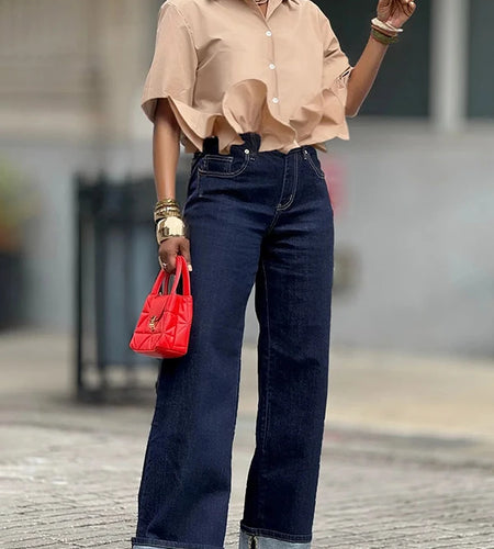 Cotton Ruffled Shirts for Women Summer Fall Lapel Short Sleeve Blouse Simple Button Woman Business Casual Tops