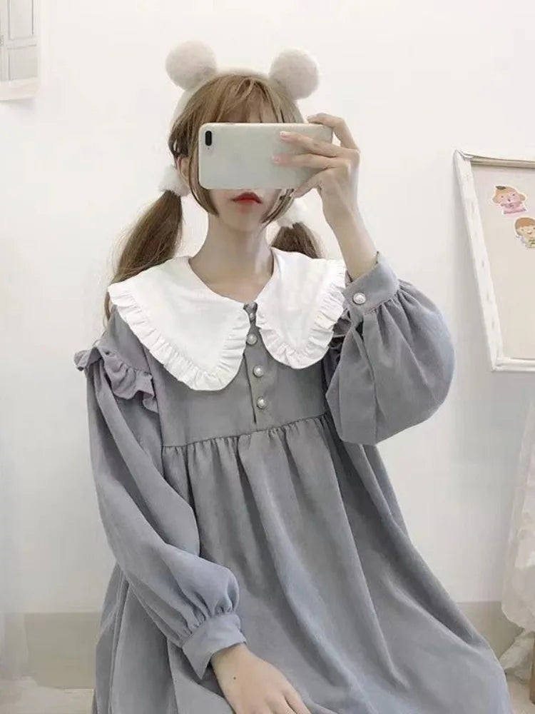 Sweet Kawaii Lolita Dress Ruffles Soft Girl School Student Preppy Style Cute Peter Pan Collar Party Dresses Autumn