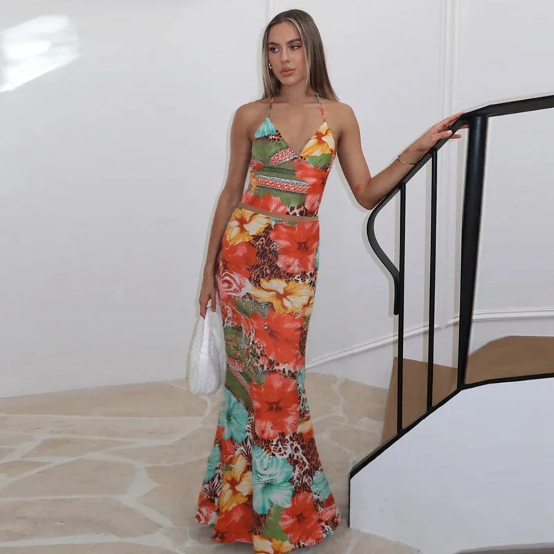 Leopard Print Sexy 2 Piece Sets Women Summer Fashion Lace-up Halter Crop Tops And Maxi Skirt Female Party Two Piece Set