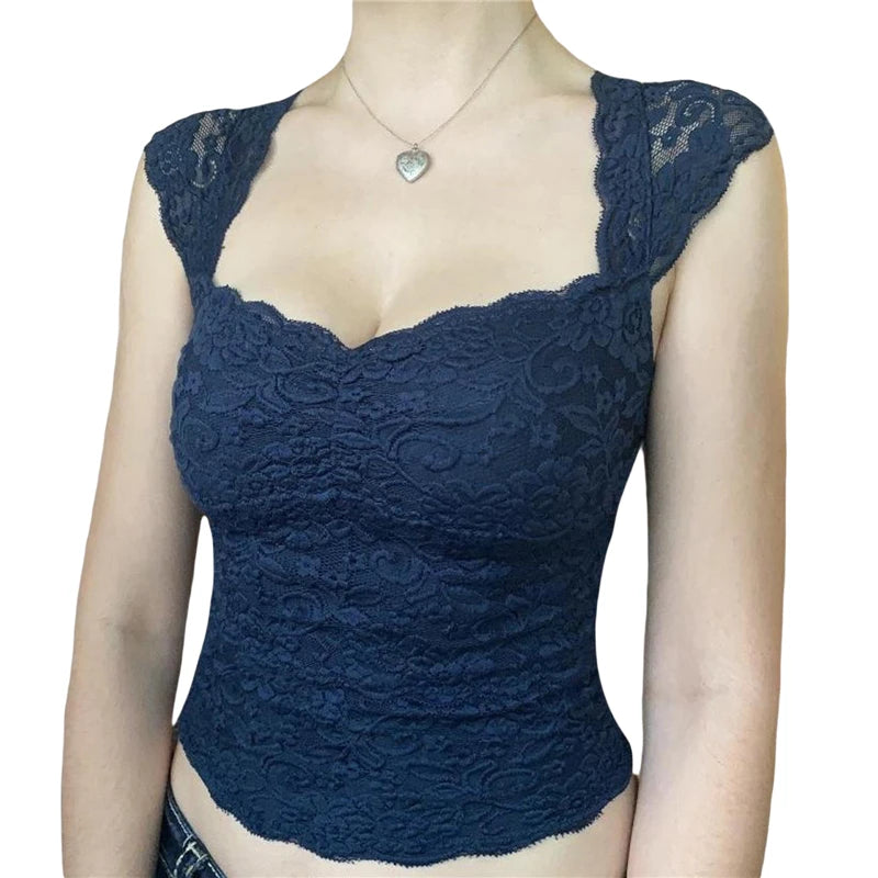 y2k Lace Crop Top 2000s Aesthetic Women V Neck Sleeveless Tanks Sweet Style T Shirt Kawaii E Girl Clothes Streetwear