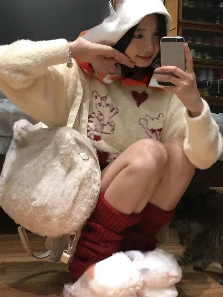 2025 Japanese Cartoon Sweet Kawaii Cat Women Sweaters Winter Grunge Loose Pullovers Y2k Aesthetic Loose Vintage Knitted Jumpers