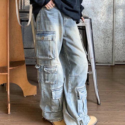 Load image into Gallery viewer, Patchwork Pockets Casual Loose Denim Pants For Women High Waist Streetwear Cargo Jeans Female Fashion Clothing
