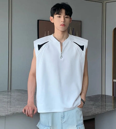 Korean Style Men's Vest Shoulder Pads Patchwork Contrast Color Tees Round Collar Short Sleeve Zippers Male Tank Tops 9C6774