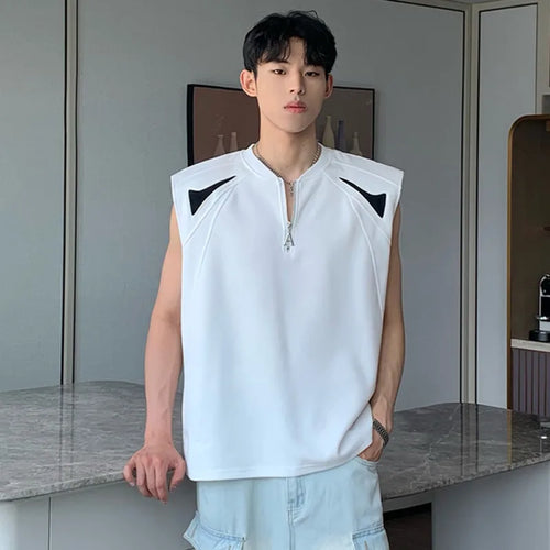 Load image into Gallery viewer, Korean Style Men&#39;s Vest Shoulder Pads Patchwork Contrast Color Tees Round Collar Short Sleeve Zippers Male Tank Tops 9C6774
