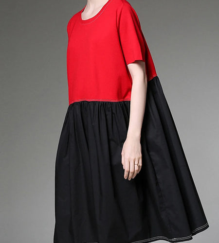 Women Black Red Color-block Big Size Knee Length Dress New Round Neck Short Sleeve Fashion Tide Spring Summer 2025 1DJ1509