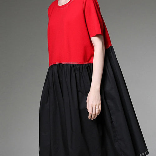 Load image into Gallery viewer, Women Black Red Color-block Big Size Knee Length Dress New Round Neck Short Sleeve Fashion Tide Spring Summer 2025 1DJ1509
