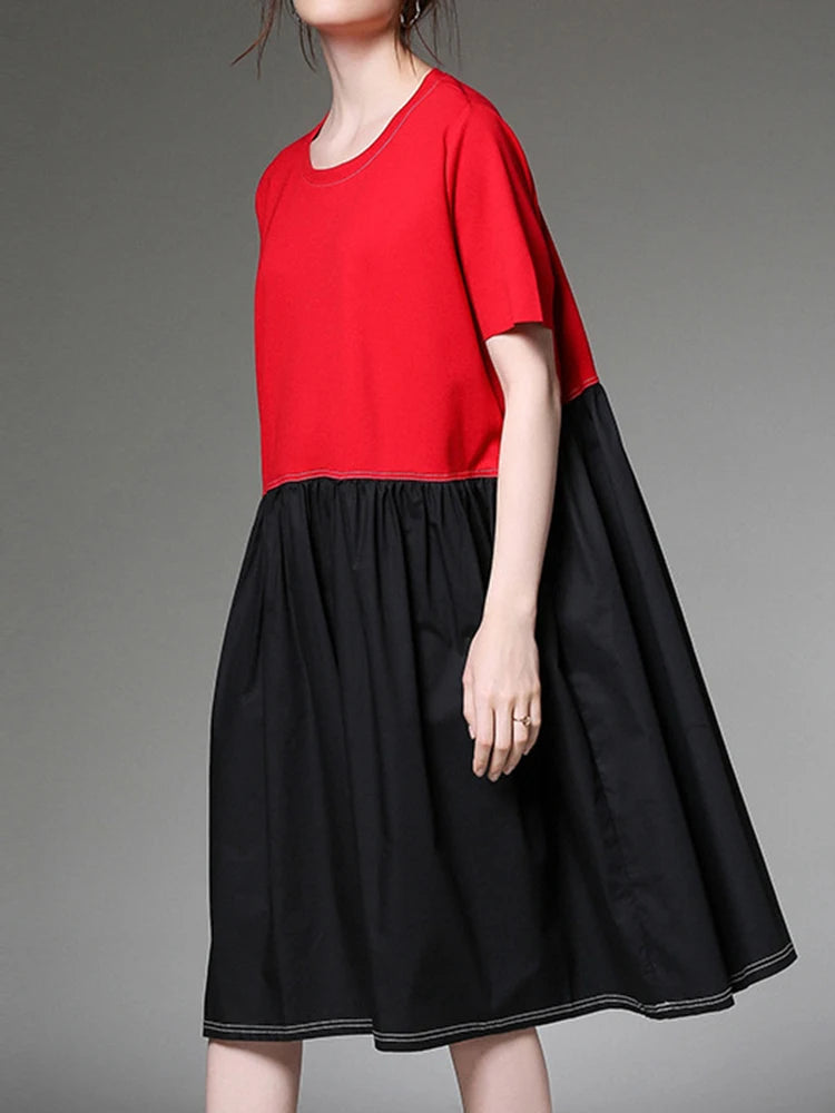 Women Black Red Color-block Big Size Knee Length Dress New Round Neck Short Sleeve Fashion Tide Spring Summer 2025 1DJ1509