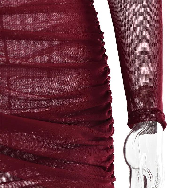 Mesh Ruched Sexy Maxi Dress For Women Fashion Zipper Patchwork See Through Long Sleeve Elegant Club Party Long Dress