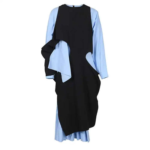 Load image into Gallery viewer, Women Blue Color-block Big Size Long Dress New Round Neck Long Sleeve Loose Fit Fashion Tide Spring Autumn 2025 1DH5325
