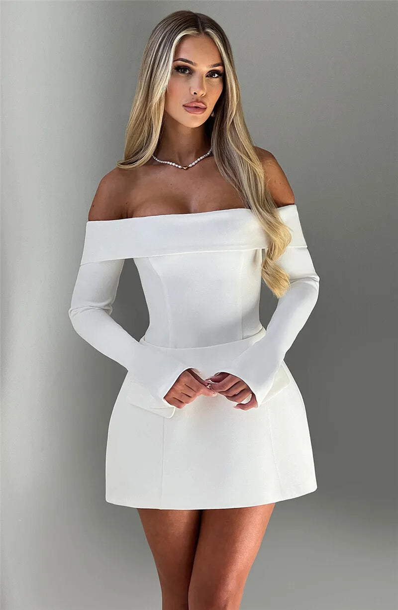 Off-shoulder Long Sleeve Sexy Mini Dress For Women Two Pocket Strapless Backless A-line Club Party Sexy Dress Elegant