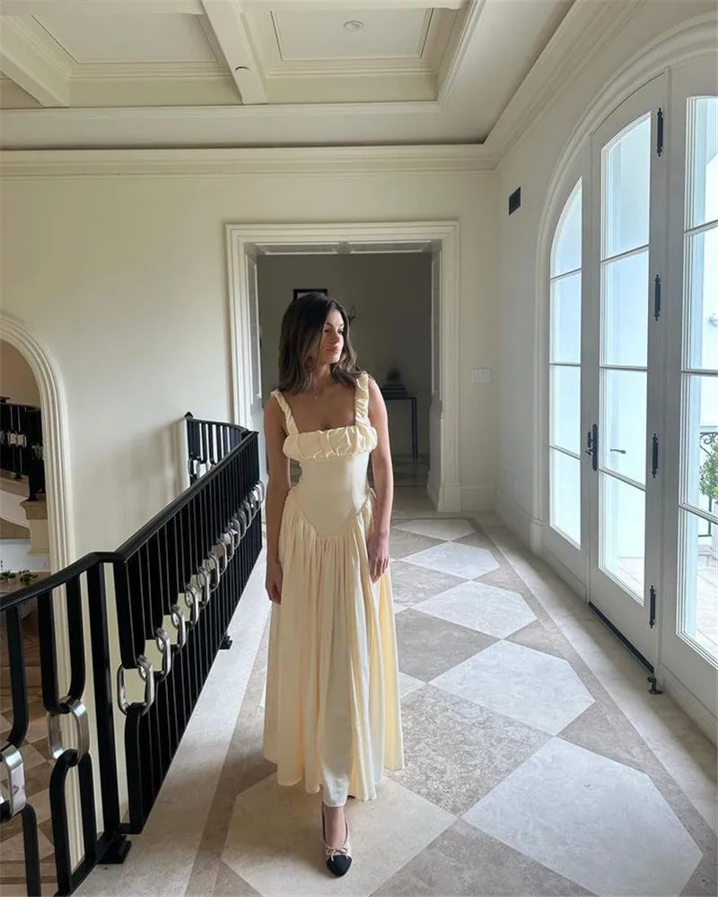 Elegant Satin Backless Midi Dress For Women High Quality Sundress Fashion Square Collar Sleeveless Loose Pleated Dress