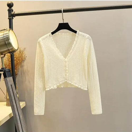 Load image into Gallery viewer, 2025 Sping Summer New Women's Solid Fashion V-neck Long Sleeve Cardigan Knitted Tops Single Breasted Sun Protection Clothes Chic
