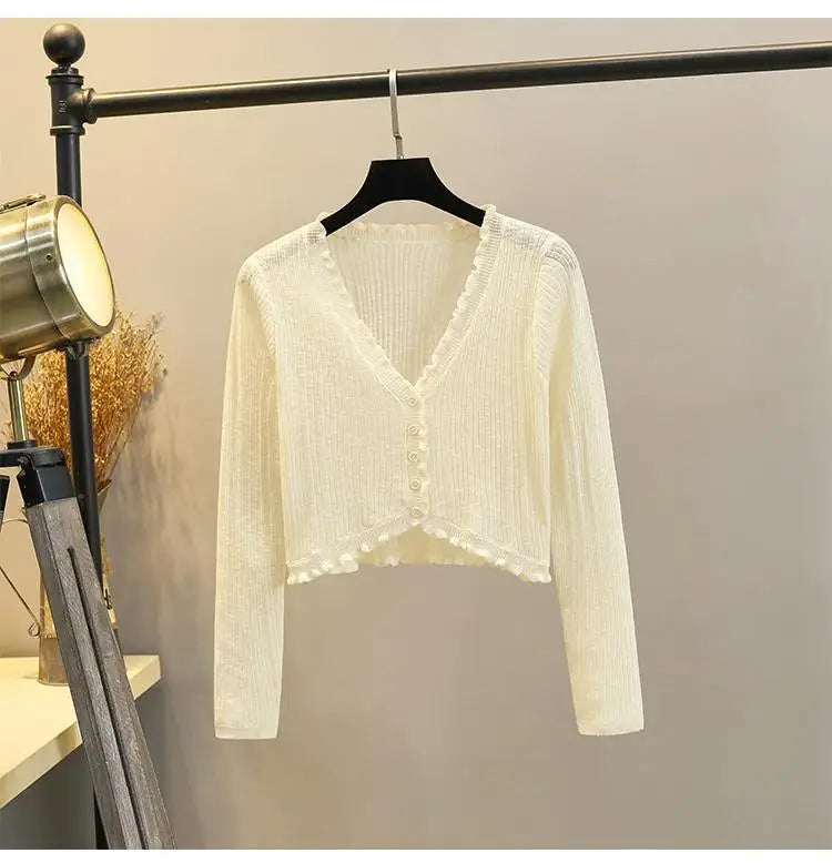 2025 Sping Summer New Women's Solid Fashion V-neck Long Sleeve Cardigan Knitted Tops Single Breasted Sun Protection Clothes Chic