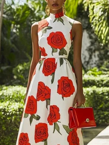 Summer Dress Woman 2025 Elegant Stand Collar Sleeveless Skinny Flower Print Pleats Cocktail Party Midi Dress for Women