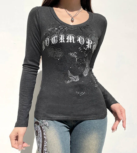 Vintage Y2K Graphic Printed Women Tee Shirt Spring Autumn 2000s Aesthetic Slim Sweats Top Pullover Harajuku Outfits