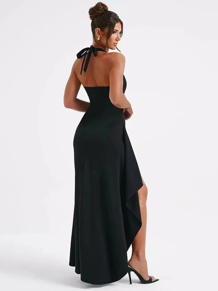 Elegant Sleeveless Bodycon High Slit Party Evening Dress 2024 Autumn New Hanging Neck V-neck Backless Long Dress Vestido