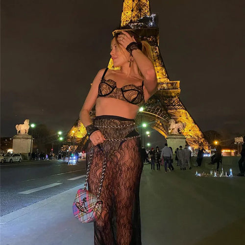 Load image into Gallery viewer, See Through Lace Two Piece Skirt Sets Women Crop Top And Maxi Skirt Sets Elegant Party Beach Sexy Two Piece Set
