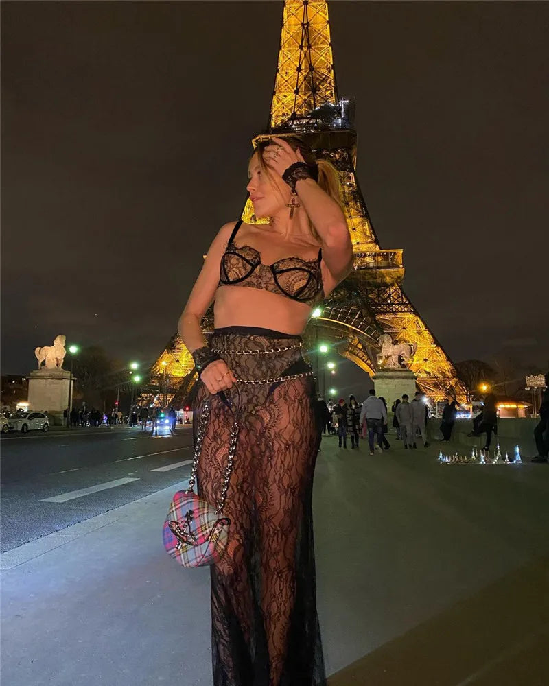 See Through Lace Two Piece Skirt Sets Women Crop Top And Maxi Skirt Sets Elegant Party Beach Sexy Two Piece Set