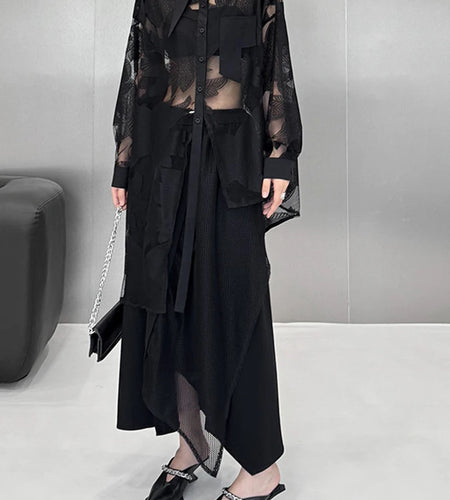 Women Black Lace Perspective Elegant Big Size Blouse New Lapel Long Sleeve Shirt Fashion Tide Spring Autumn 2025 1DJ1416