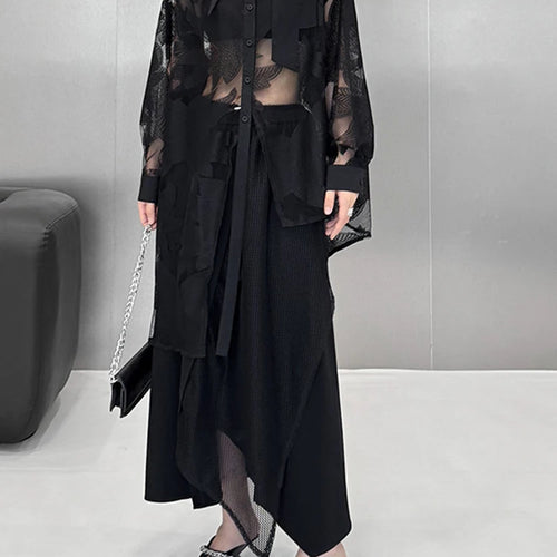 Load image into Gallery viewer, Women Black Lace Perspective Elegant Big Size Blouse New Lapel Long Sleeve Shirt Fashion Tide Spring Autumn 2025 1DJ1416
