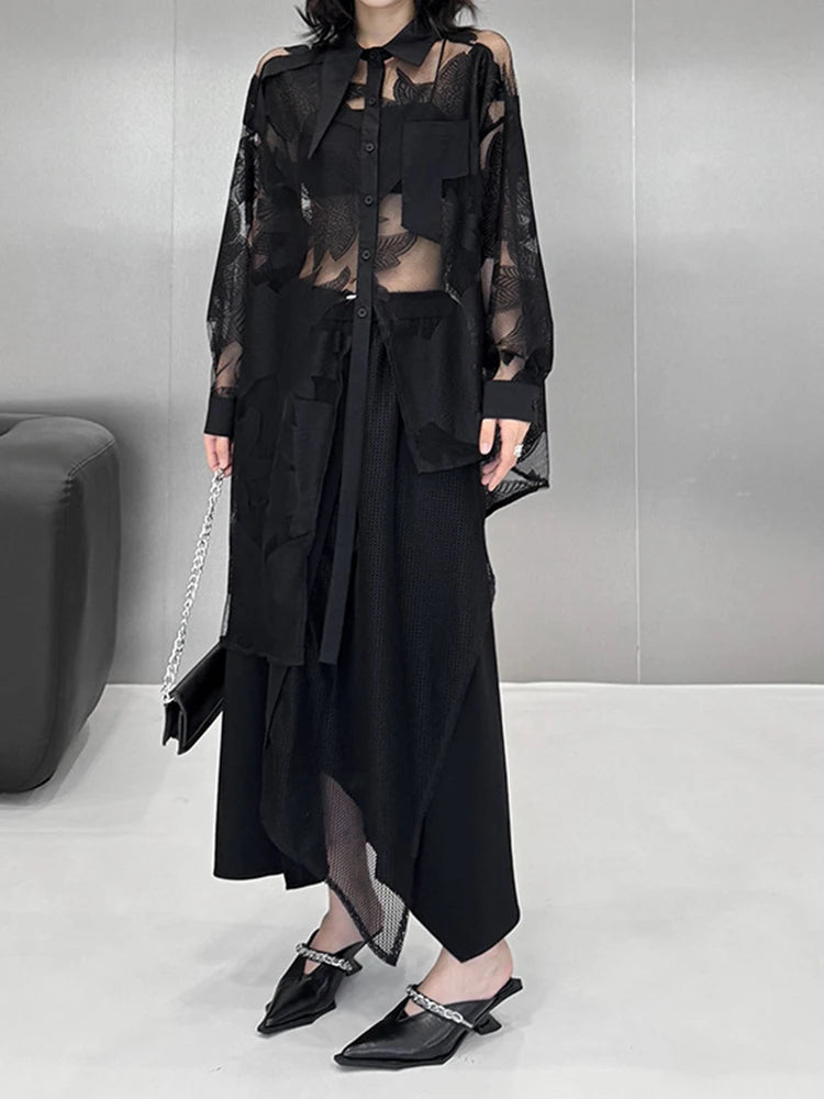 Women Black Lace Perspective Elegant Big Size Blouse New Lapel Long Sleeve Shirt Fashion Tide Spring Autumn 2025 1DJ1416