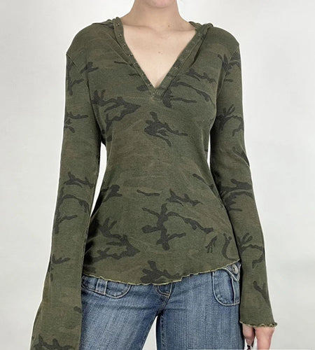 Vintage Green Camouflage Hooded T-shirts Women Top Buttons Frill Y2K Fairycore Autumn Pullover Shirts Slim Aesthetic