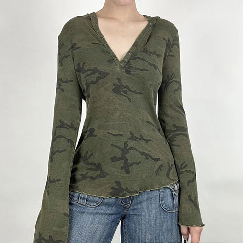 Load image into Gallery viewer, Vintage Green Camouflage Hooded T-shirts Women Top Buttons Frill Y2K Fairycore Autumn Pullover Shirts Slim Aesthetic
