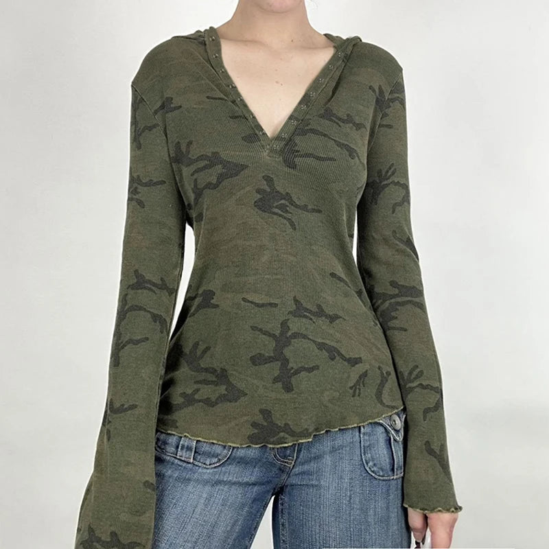Vintage Green Camouflage Hooded T-shirts Women Top Buttons Frill Y2K Fairycore Autumn Pullover Shirts Slim Aesthetic