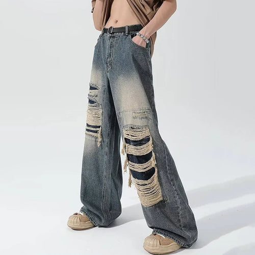 Load image into Gallery viewer, High Street Jeans Men&#39;s Fashion Worn Out Straight Denim Pants Vintage Male Loose Holes Spliced Wide Leg Jean Pants 9C713
