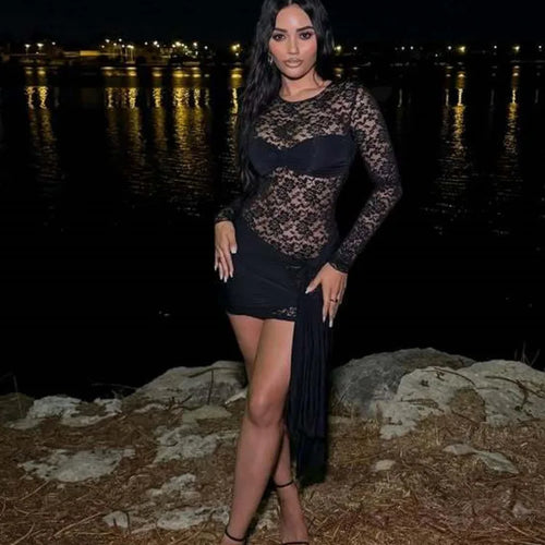 Load image into Gallery viewer, Lace See Through Draped Mini Dress Women Robe Elegant Patchwork Long Sleeve Slim Ruched Club Party Dress Clubwear
