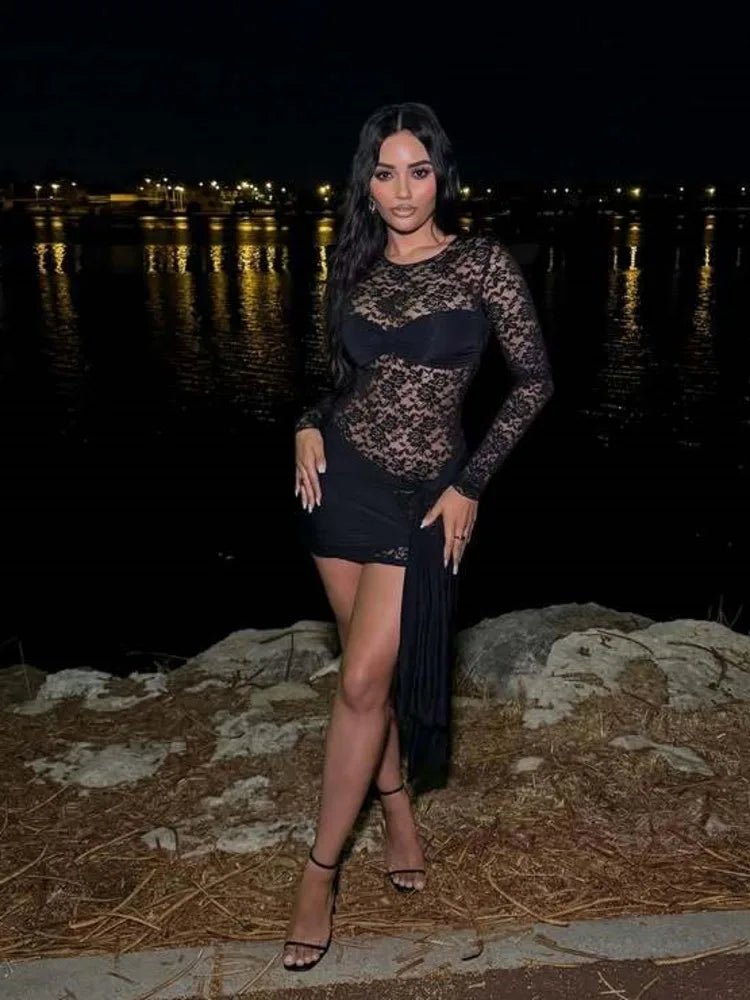 Lace See Through Draped Mini Dress Women Robe Elegant Patchwork Long Sleeve Slim Ruched Club Party Dress Clubwear