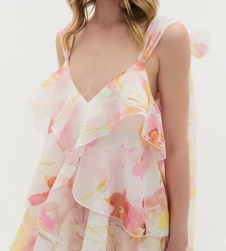 Printing Spliced Ruffles Folds Elegant Dresses for Women V Neck Sleeveless Patchwork Bowknot Dress Female Clothing