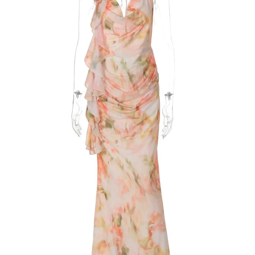 Load image into Gallery viewer, Halter Print Ruffle Sexy Maxi Dress Women Gown Summer New Fashion Sleeveless Backless Ruched Beach Club Party Dress
