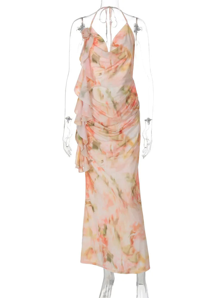 Halter Print Ruffle Sexy Maxi Dress Women Gown Summer New Fashion Sleeveless Backless Ruched Beach Club Party Dress