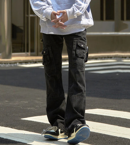 Men's Cargo Jeans New Fashion Multi Pockets Design Distressed Personaility Trendy Straight Leg Niche Male Bottoms 9W1931