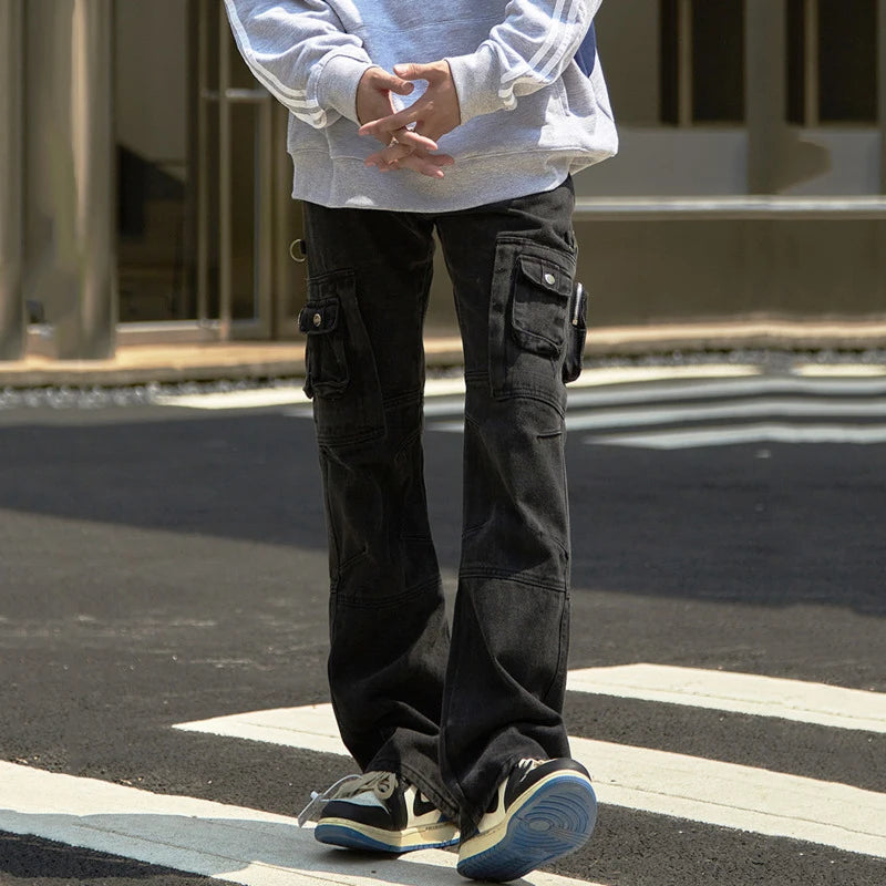 Men's Cargo Jeans New Fashion Multi Pockets Design Distressed Personaility Trendy Straight Leg Niche Male Bottoms 9W1931