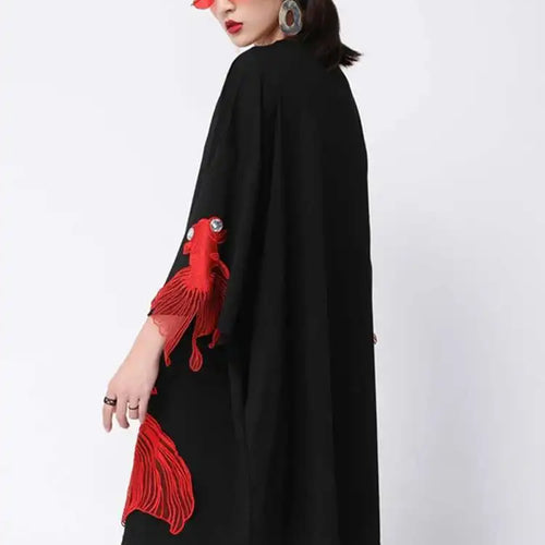 Load image into Gallery viewer, Women Black Fish Embroidery Knee Length Big Size Dress New Round Neck Wrist Sleeve Fashion Tide Spring Autumn 2025 OA868
