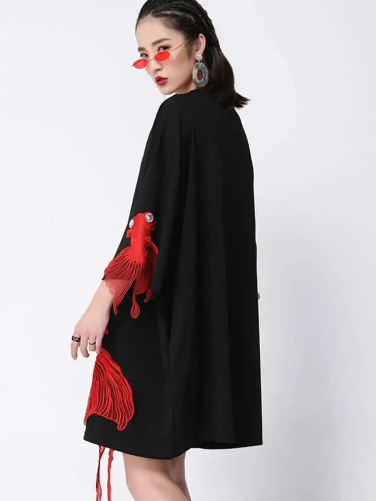 Women Black Fish Embroidery Knee Length Big Size Dress New Round Neck Wrist Sleeve Fashion Tide Spring Autumn 2025 OA868