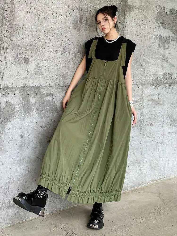 Women Green Pleated Pocket Big Size Strap Dress New Square Collar Sleeveless Fashion Tide Spring Autumn 2025 1DH6067