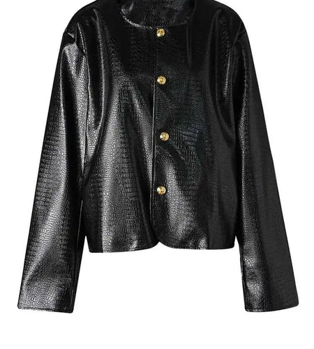 PU Leather Black Brief Big Size Elegant Jacket New O-neck Long Sleeve Women Coat Fashion Tide Spring Autumn 2025 CPG2506