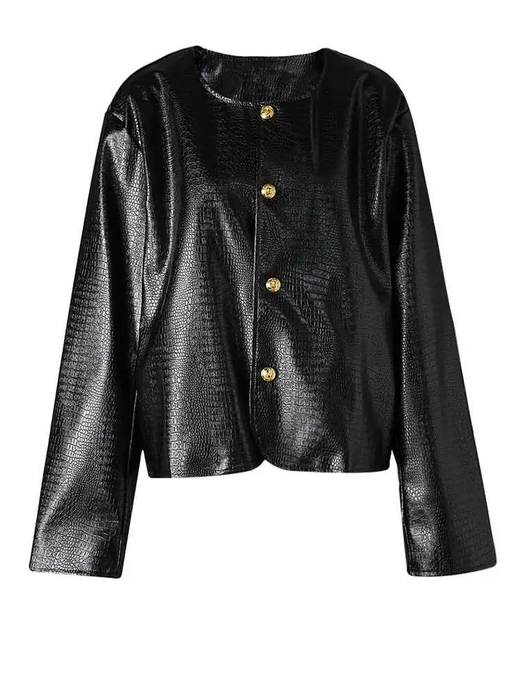 PU Leather Black Brief Big Size Elegant Jacket New O-neck Long Sleeve Women Coat Fashion Tide Spring Autumn 2025 CPG2506