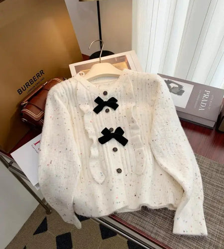 Korean Simple White V-neck Single-breasted Knitted Sweater 2024 Women Pink Sweet Ruffles Bow Cardigan Tops Vintage Autumn Winter