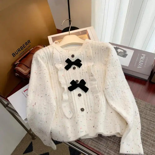 Load image into Gallery viewer, Korean Simple White V-neck Single-breasted Knitted Sweater 2024 Women Pink Sweet Ruffles Bow Cardigan Tops Vintage Autumn Winter
