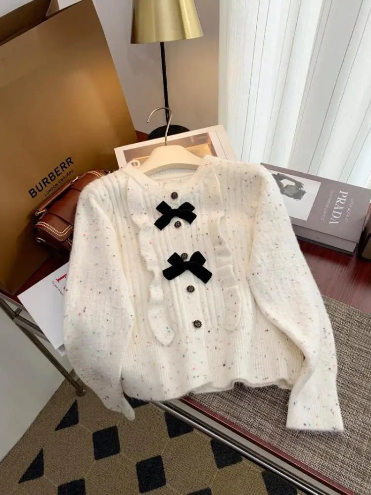 Korean Simple White V-neck Single-breasted Knitted Sweater 2024 Women Pink Sweet Ruffles Bow Cardigan Tops Vintage Autumn Winter