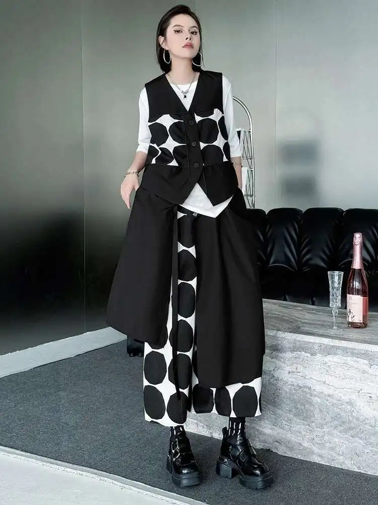 Big Size Black Dot Vest Wide Leg Pants Two Piece Suit New V-Neck Sleeveless Women Fashion Tide Spring Autumn 2025 1DJ1039