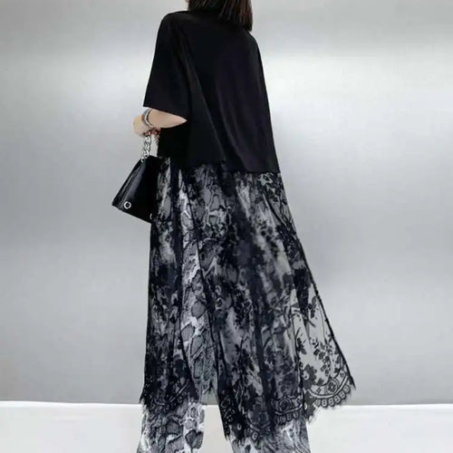 Load image into Gallery viewer, Women Black Hem Lace Perspective Big Size Midi Dress New Round Neck Short Sleeve Fashion Tide Spring Summer 2025 1DH6140
